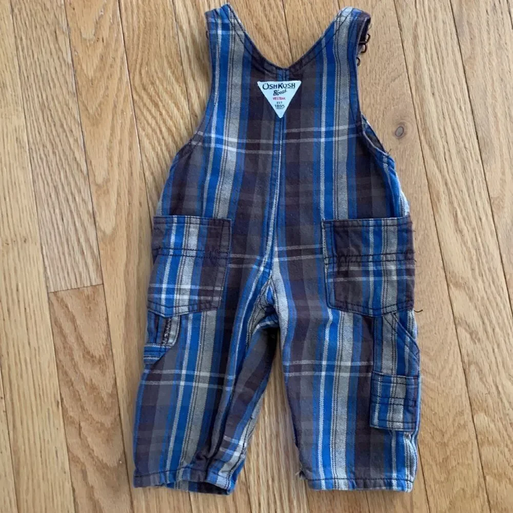 OshKosh B’Gosh‎ Vintage Vestbak Brown Plaid Baby Boy Bib Overalls size 3 month’s